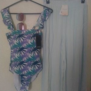 Jones NY Blue palm tree swim one piece